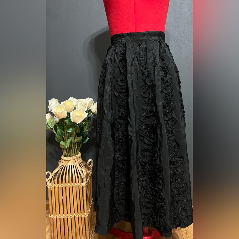 Vintage Black Taffeta Ballgown Maxi Skirt w/ Ruffle Ribbon Trim, No Tag